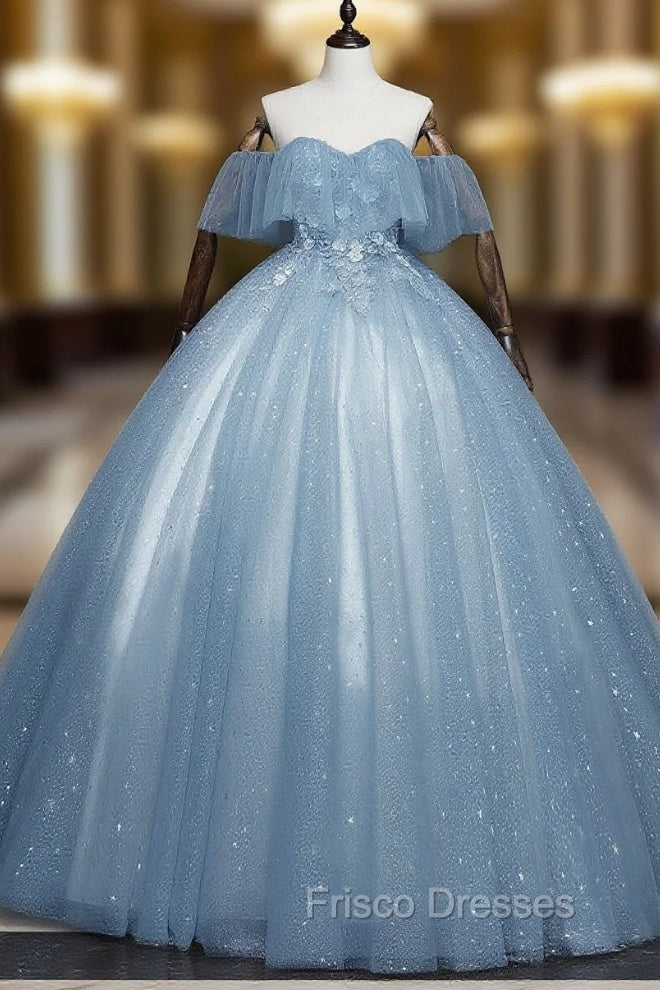 Gray Blue Tulle Lace Long Formal Prom Dress, Gray Blue Tulle Evening Dress