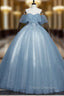 Gray Blue Tulle Lace Long Formal Prom Dress, Gray Blue Tulle Evening Dress