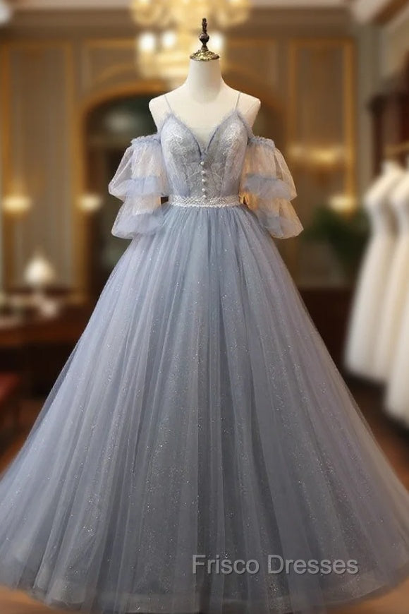 Gray Blue Tulle Lace Short Sleeve Formal Prom Dress