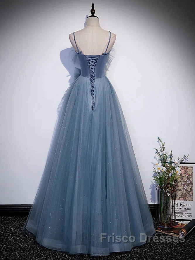 Gray Blue Tulle Long Formal Prom Dress A Line Evening Dress Formal Dress December Wedding Guest Dress