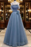 Gray Blue Tulle Long Formal Prom Dress A Line Evening Dress Formal Dress December Wedding Guest Dress