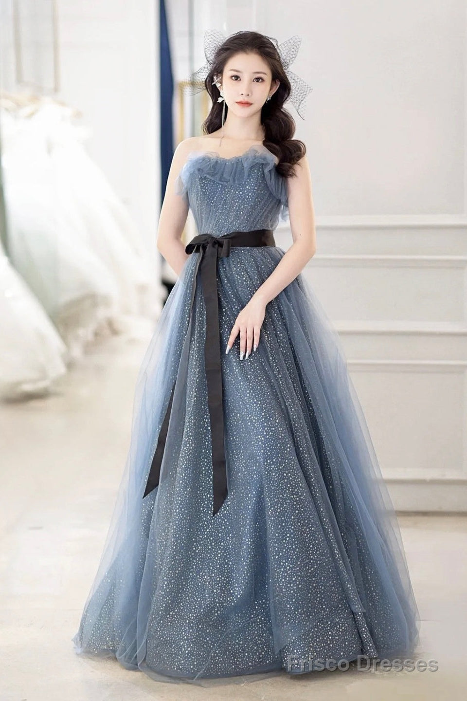 Gray Blue Tulle Long Prom Dress, Beautiful A-Line Strapless Evening Dress