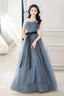 Gray Blue Tulle Long Prom Dress, Beautiful A-Line Strapless Evening Dress