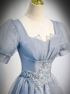 Gray Blue Tulle Long Formal Prom Dress, Gray Blue Tulle Formal Evening Dress