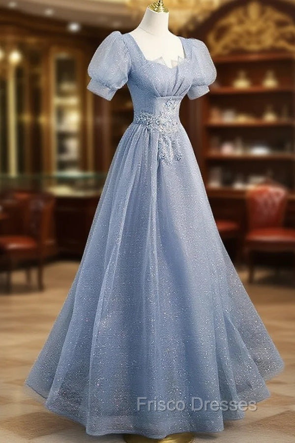 Gray Blue Tulle Long Formal Prom Dress, Gray Blue Tulle Formal Evening Dress