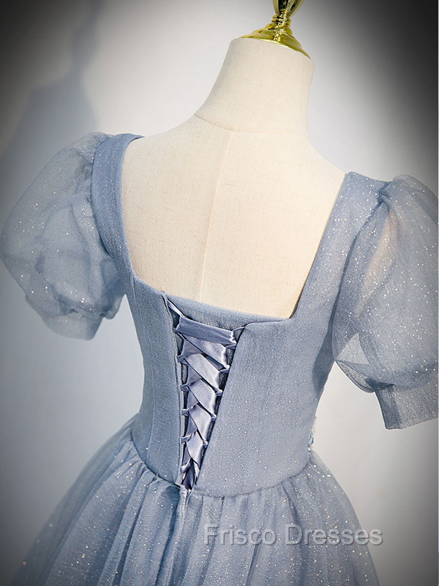 Gray Blue Tulle Long Formal Prom Dress, Gray Blue Tulle Formal Evening Dress