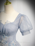 Gray Blue Tulle Long Formal Prom Dress, Gray Blue Tulle Formal Evening Dress
