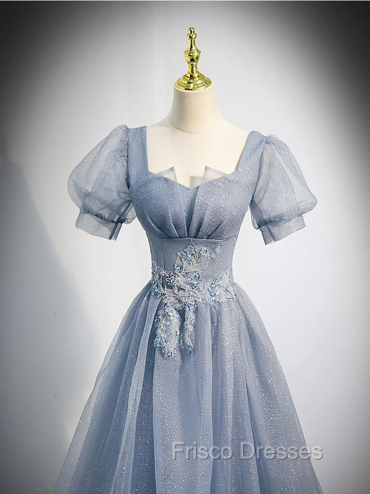 Gray Blue Tulle Long Formal Prom Dress, Gray Blue Tulle Formal Evening Dress