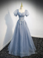 Gray Blue Tulle Long Formal Prom Dress, Gray Blue Tulle Formal Evening Dress