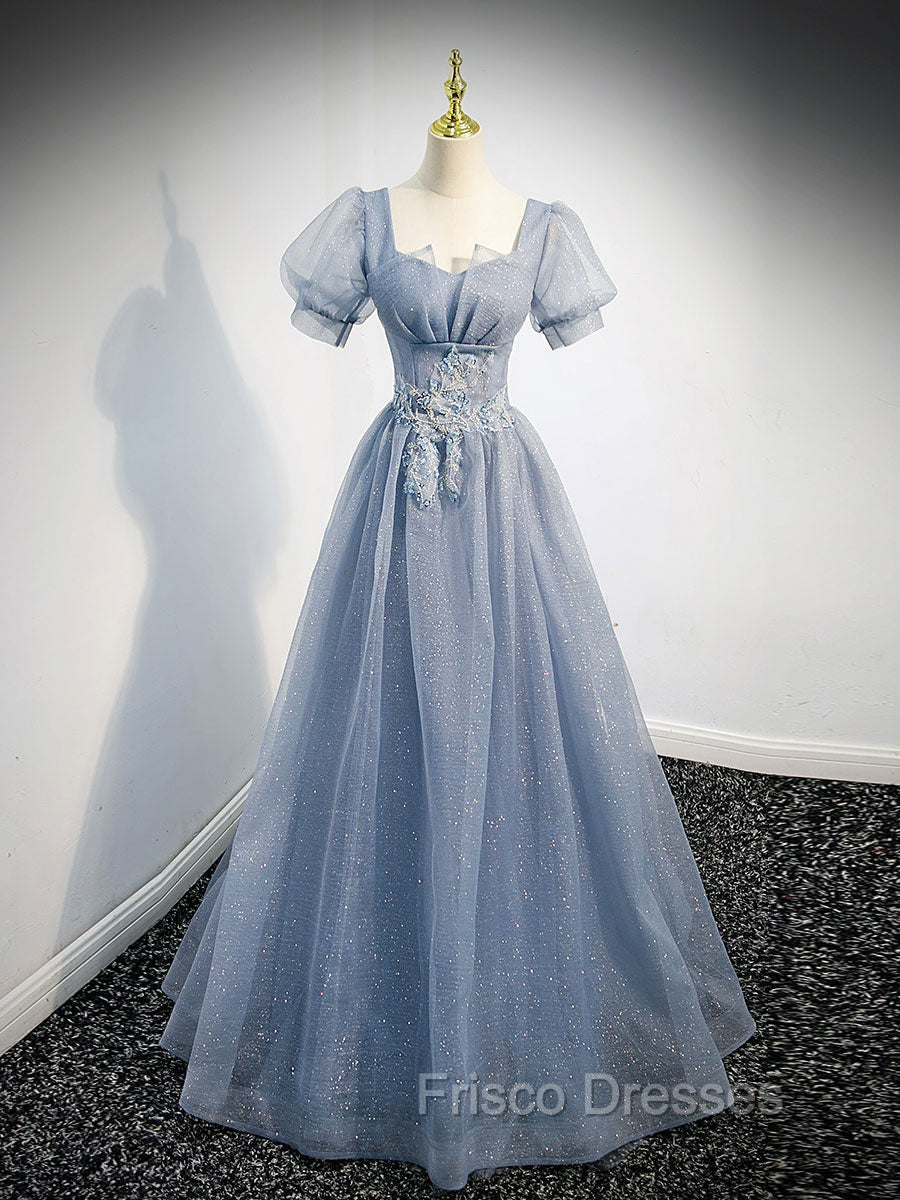Gray Blue Tulle Long Formal Prom Dress, Gray Blue Tulle Formal Evening Dress