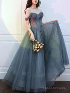 Gray Blue Tulle Long Prom Dress, Gray Tulle Formal Dress