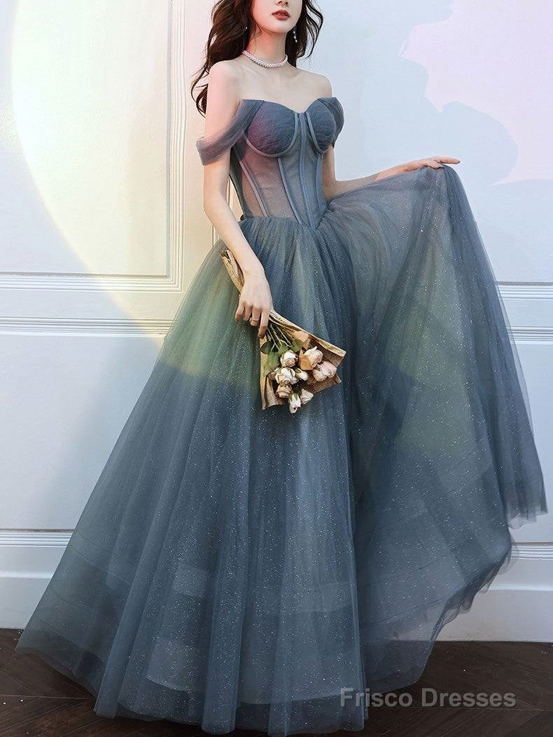 Gray Blue Tulle Long Prom Dress, Gray Tulle Formal Dress