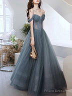 Gray Blue Tulle Long Prom Dress, Gray Tulle Formal Dress