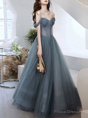 Gray Blue Tulle Long Prom Dress, Gray Tulle Formal Dress