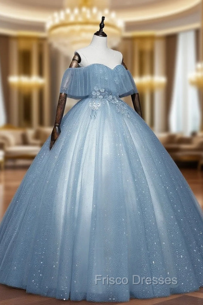 Gray Blue Tulle Off Shoulder Long Formal Prom Dress, Blue Tulle Formal Dress