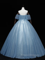 Gray Blue Tulle Off Shoulder Long Formal Prom Dress, Blue Tulle Formal Dress