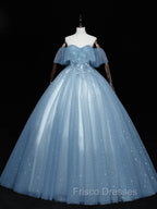 Gray Blue Tulle Off Shoulder Long Formal Prom Dress, Blue Tulle Formal Dress