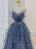 Gray Blue Tulle Sequin Beads Long Formal Prom Dress, Blue Evening Dress