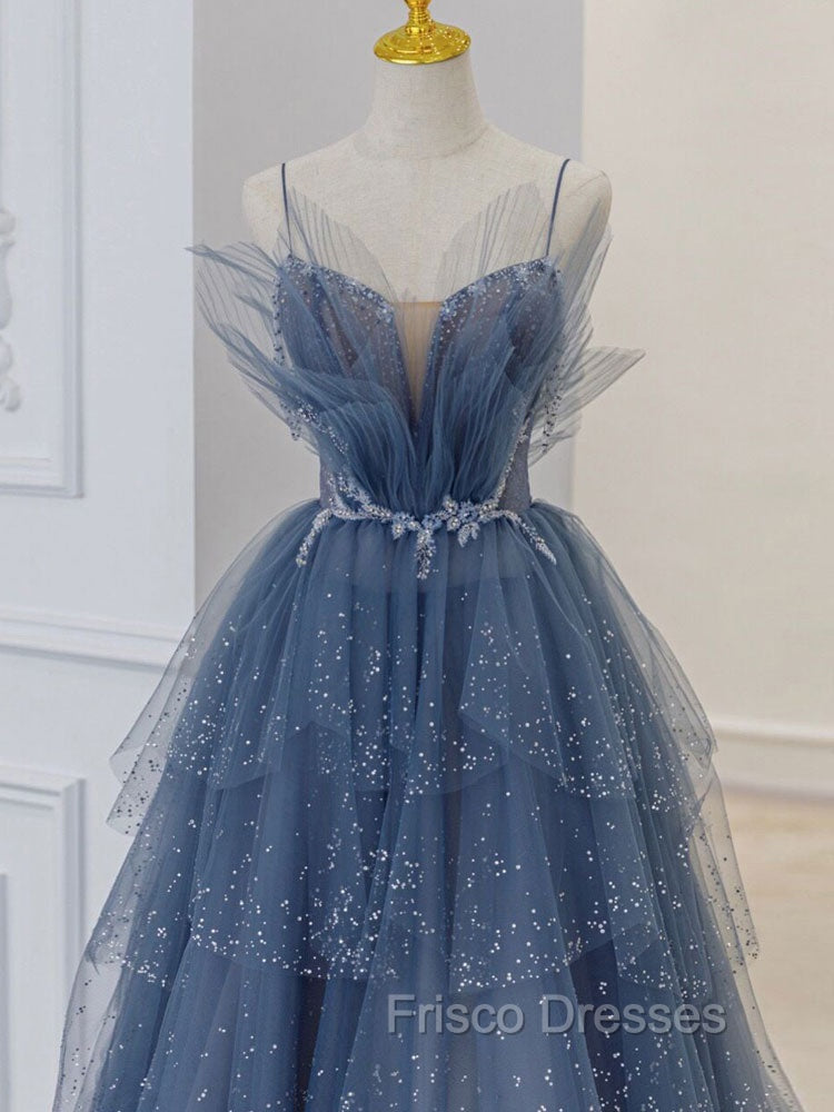 Gray Blue Tulle Sequin Beads Long Formal Prom Dress, Blue Evening Dress