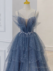 Gray Blue Tulle Sequin Beads Long Prom Dress, Blue Evening Dress