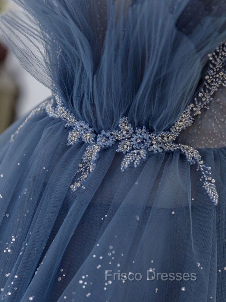 Gray Blue Tulle Sequin Beads Long Formal Prom Dress, Blue Evening Dress