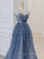 Gray Blue Tulle Sequin Beads Long Formal Prom Dress, Blue Evening Dress