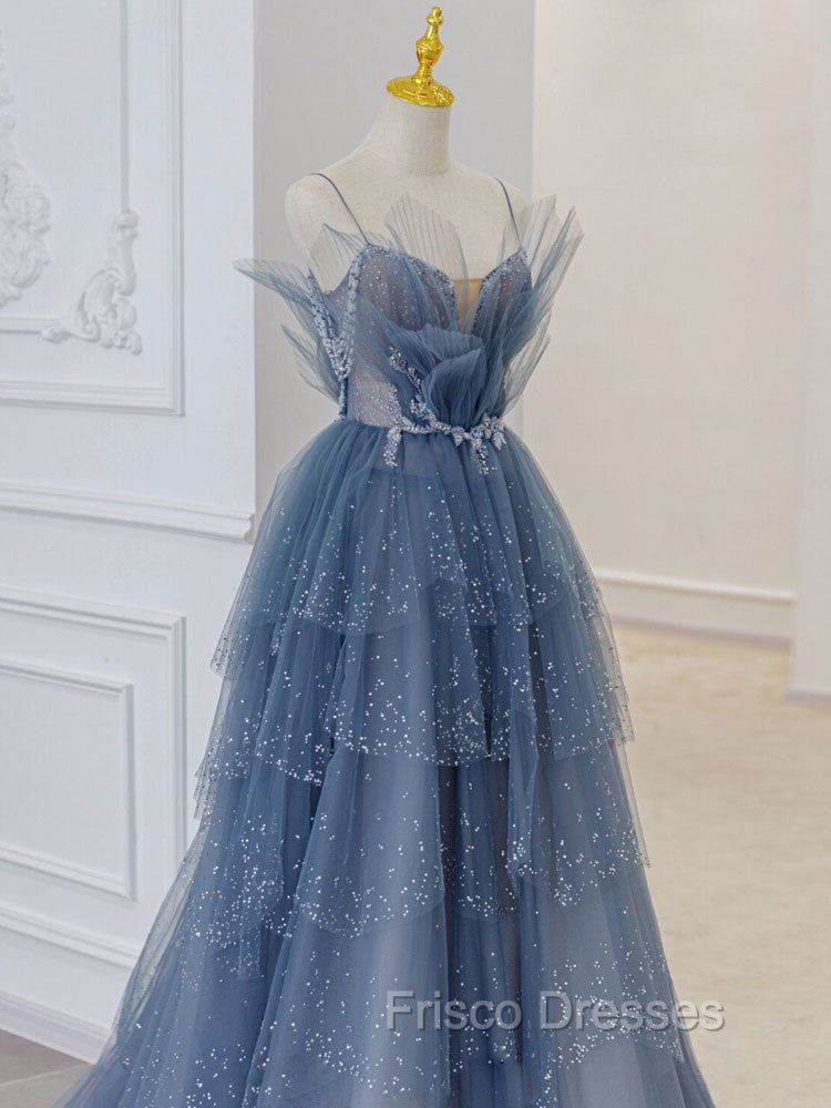 Gray Blue Tulle Sequin Beads Long Formal Prom Dress, Blue Evening Dress