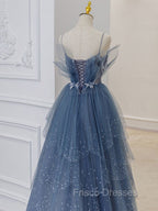 Gray Blue Tulle Sequin Beads Long Formal Prom Dress, Blue Evening Dress