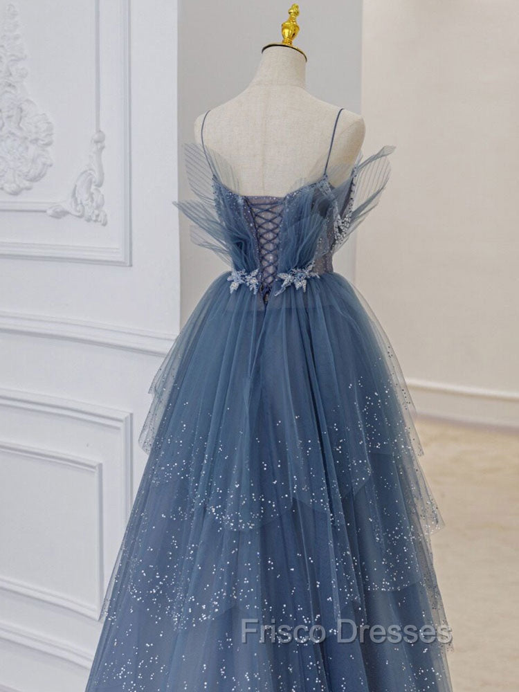 Gray Blue Tulle Sequin Beads Long Formal Prom Dress, Blue Evening Dress