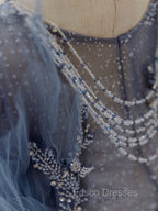 Gray Blue Tulle Sequin Beads Long Formal Prom Dress, Blue Evening Dress