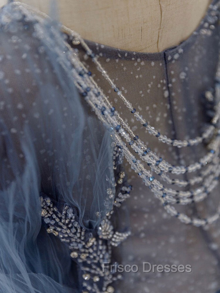 Gray Blue Tulle Sequin Beads Long Formal Prom Dress, Blue Evening Dress