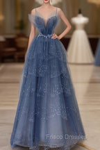 Gray Blue Tulle Sequin Beads Long Formal Prom Dress, Blue Evening Dress