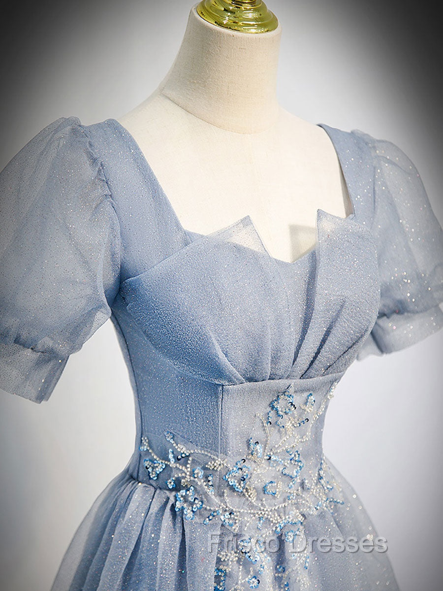 Gray Blue Tulle Sequin Long Formal Prom Dress, Gray Blue Evening Dress