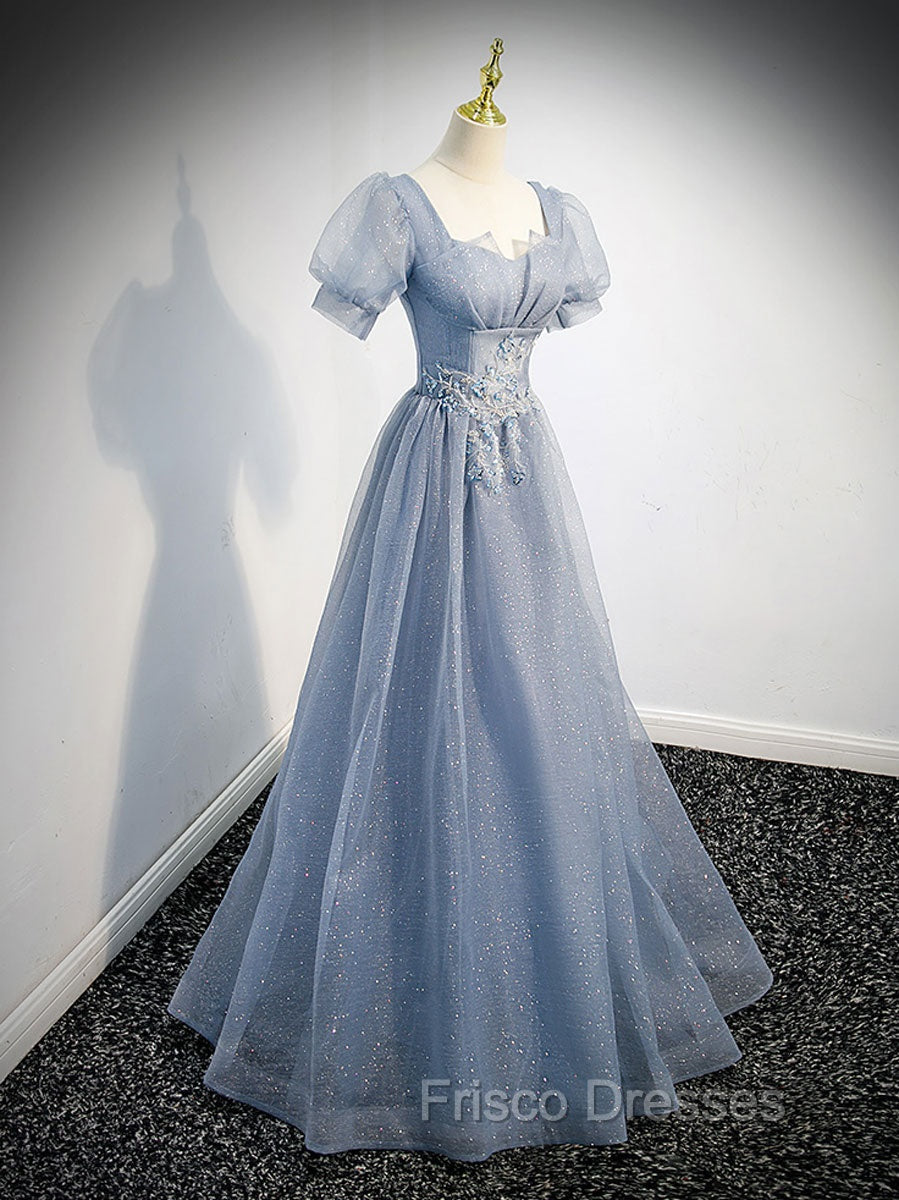 Gray Blue Tulle Sequin Long Formal Prom Dress, Gray Blue Evening Dress