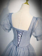 Gray Blue Tulle Sequin Long Formal Prom Dress, Gray Blue Evening Dress
