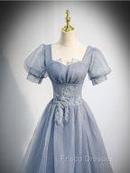 Gray Blue Tulle Sequin Long Formal Prom Dress, Gray Blue Evening Dress