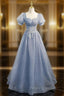 Gray Blue Tulle Sequin Long Formal Prom Dress, Gray Blue Evening Dress