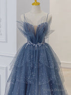 Gray Blue Tulle Sequin Long Prom Dress, Gray Blue Tulle Formal Dress
