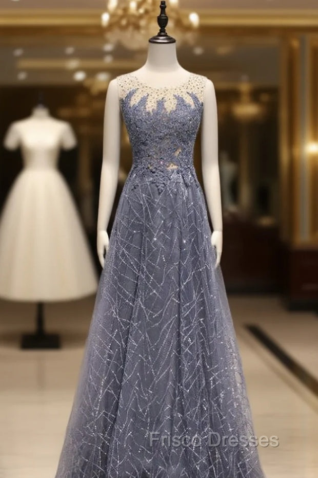 Gray Blue Tulle Sequins Appliques Beading Formal Prom Dress Main image