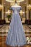 Gray Blue Tulle Sequins Off the Shoulder Beading Crystal Formal Prom Dress