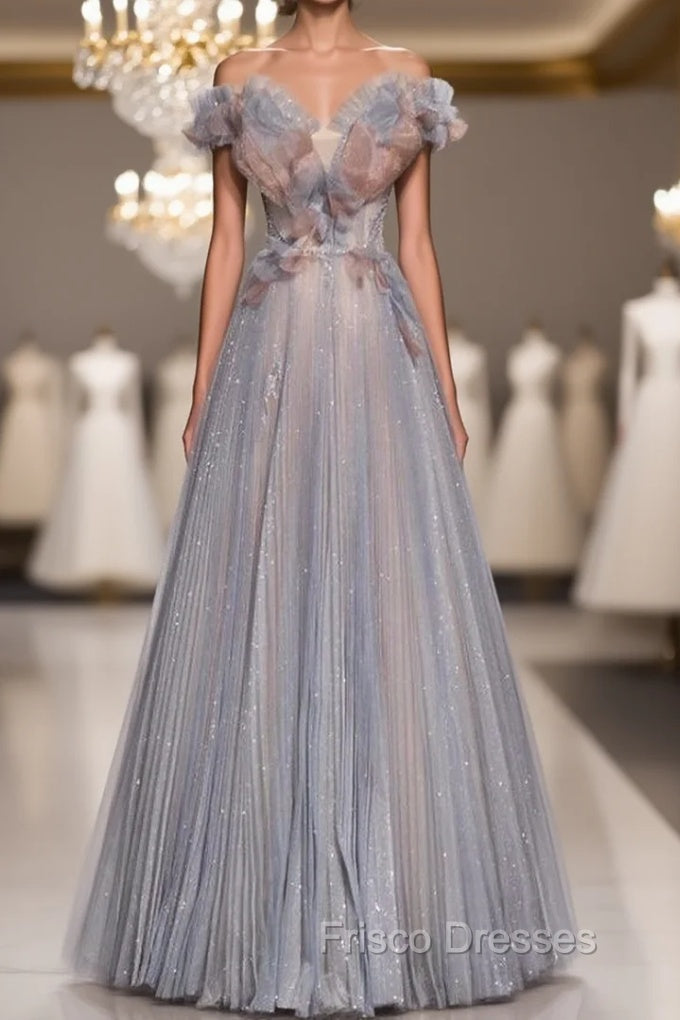 Gray Blue Tulle Sequins Pleats Beading Formal Prom Dress Main image