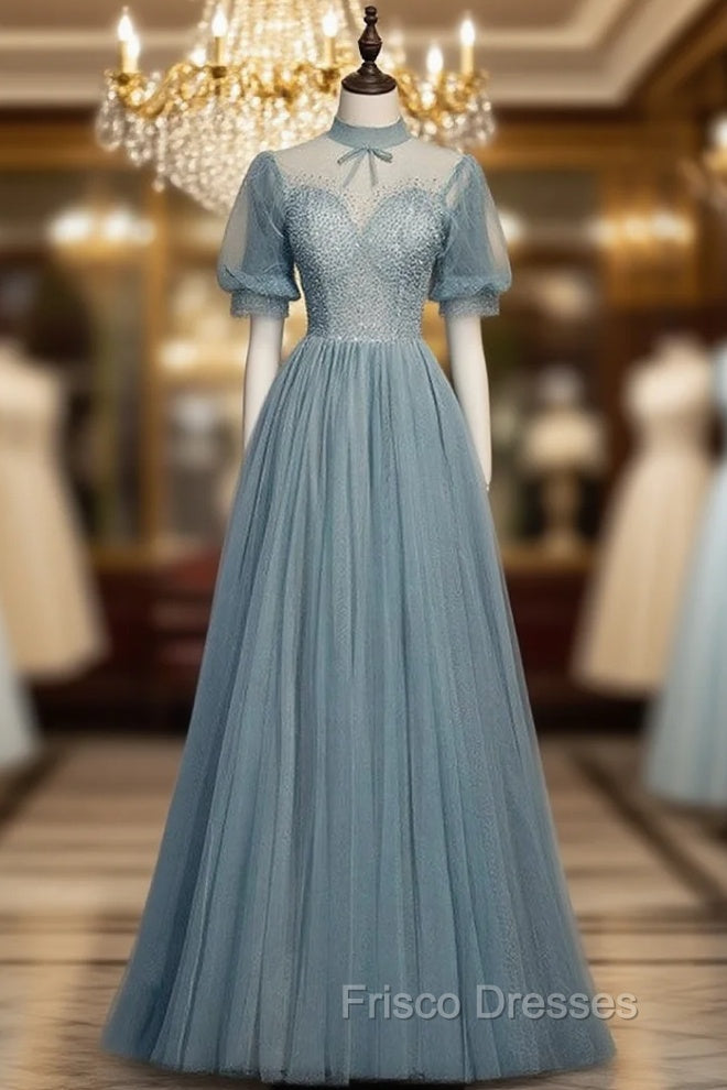 Gray Blue Tulle Short Sleeve High Neck Beading Formal Prom Dress