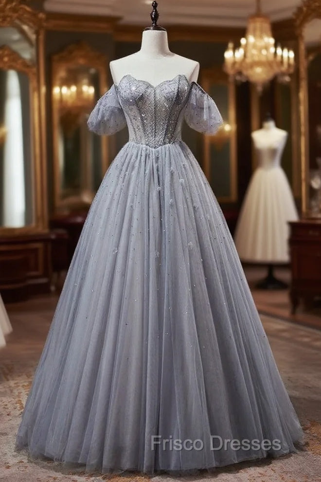 Gray Blue Tulle Strapless Beading Formal Prom Dress Main image