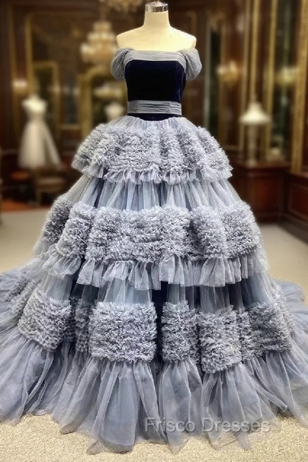 Gray Blue Tulle Straps Pleats Formal Prom Dress