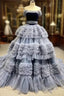 Gray Blue Tulle Straps Pleats Formal Prom Dress