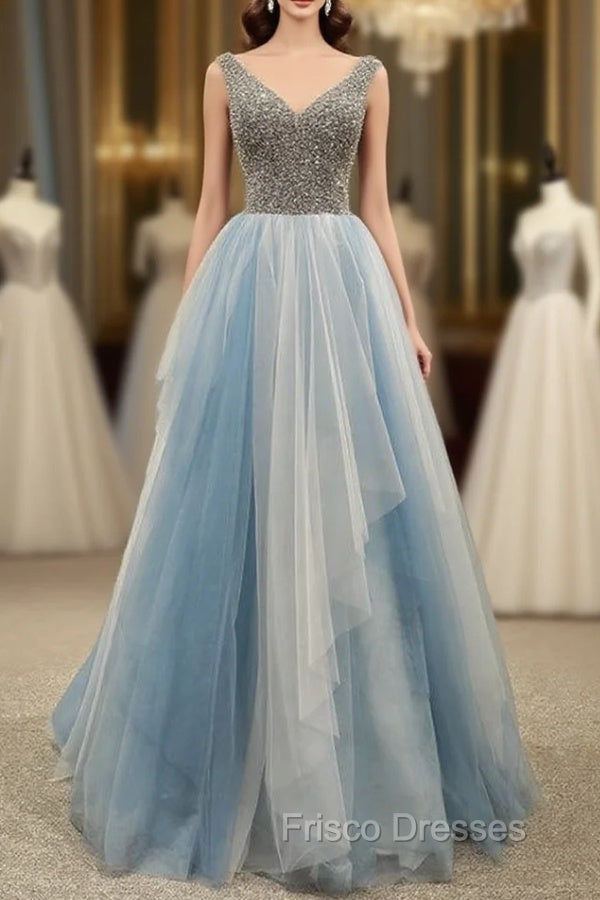 Gray Blue Tulle V-neck Backless Formal Prom Dress With Beading