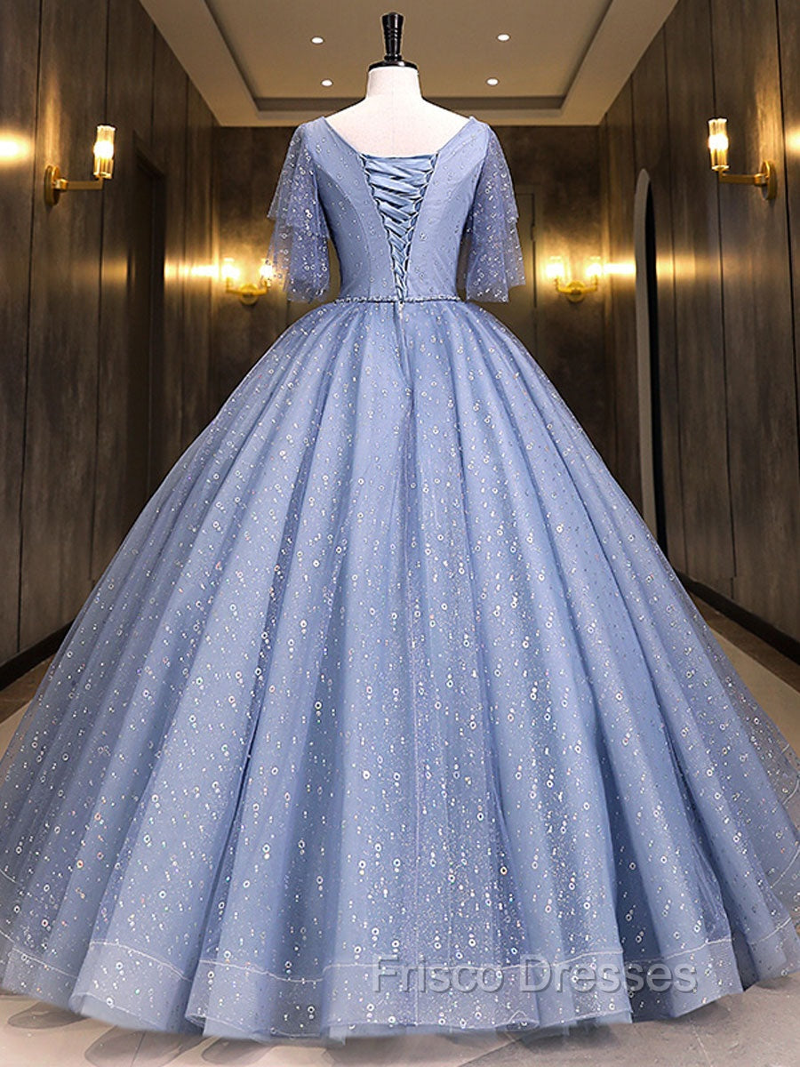 Gray Blue V Neck Tulle Long Formal Prom Dress, Blue Long Sweet 16 Dress Secondary image