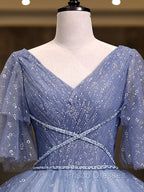 Gray Blue V Neck Tulle Long Formal Prom Dress, Blue Long Sweet 16 Dress