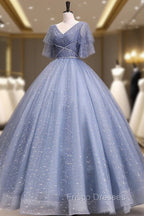 Gray Blue V Neck Tulle Long Formal Prom Dress, Blue Long Sweet 16 Dress