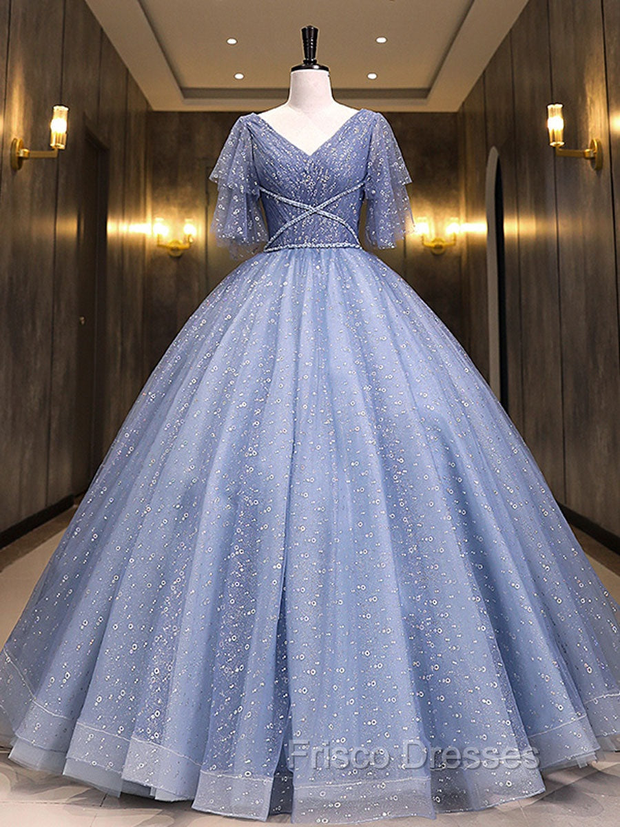 Gray Blue V Neck Tulle Long Formal Prom Dress, Blue Long Sweet 16 Dres – Frisco Dresses